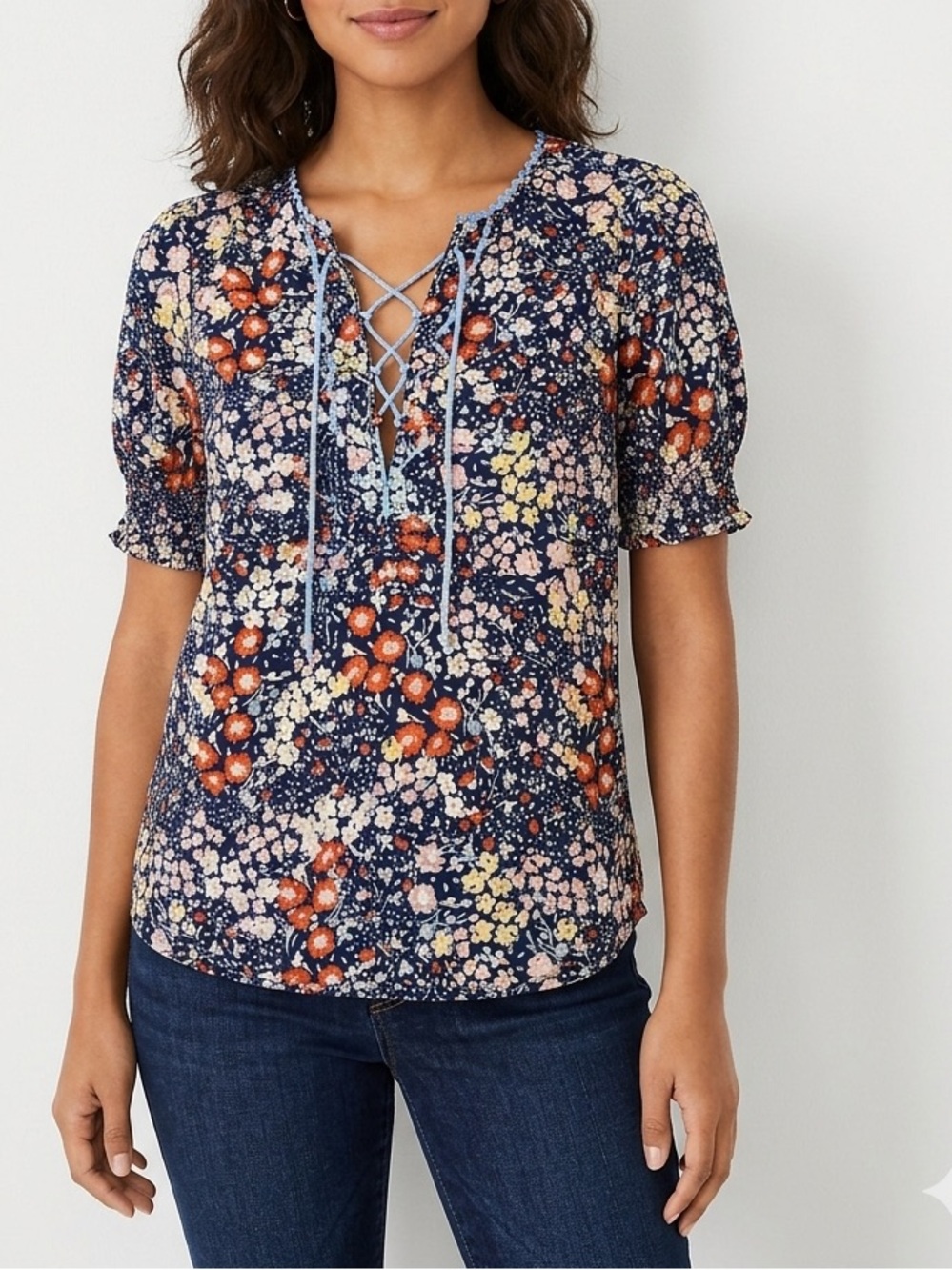Talbots Navy Floral V-Neck Short Sleeve Blouse with Orange and Cream Accents